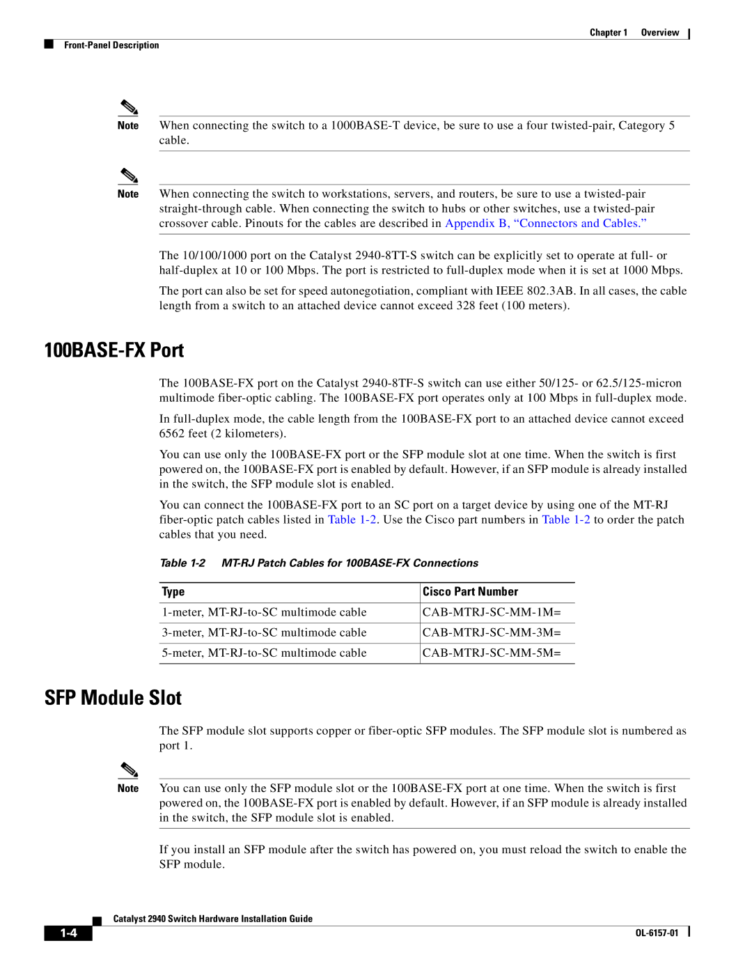 Cisco Systems 2940 manual 100BASE-FX Port, SFP Module Slot, Type Cisco Part Number 