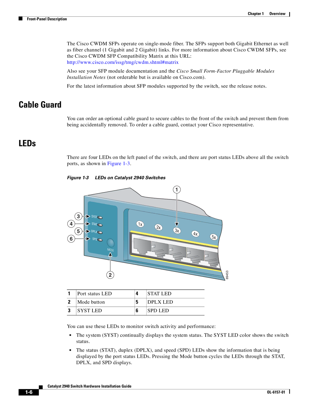 Cisco Systems 2940 manual Cable Guard, LEDs 