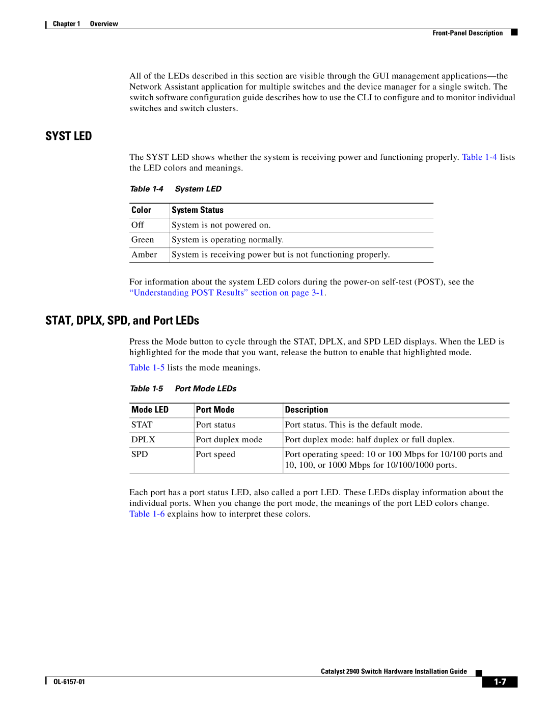 Cisco Systems 2940 manual Color System Status, Mode LED Port Mode Description 