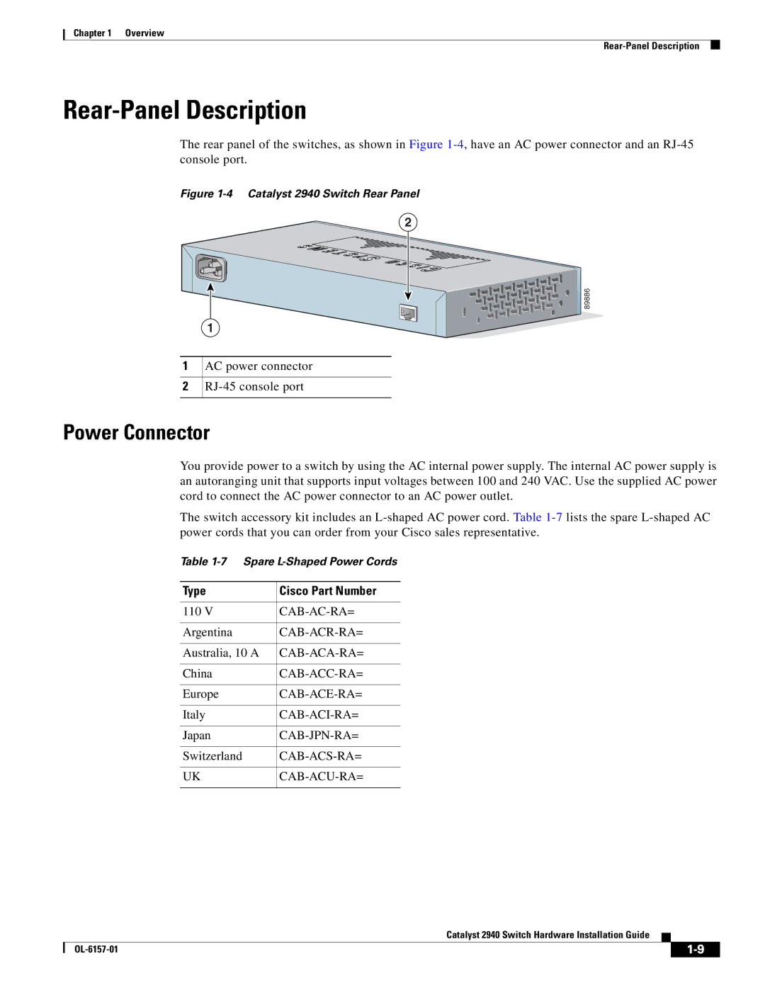 Cisco Systems 2940 manual Rear-Panel Description, Power Connector 