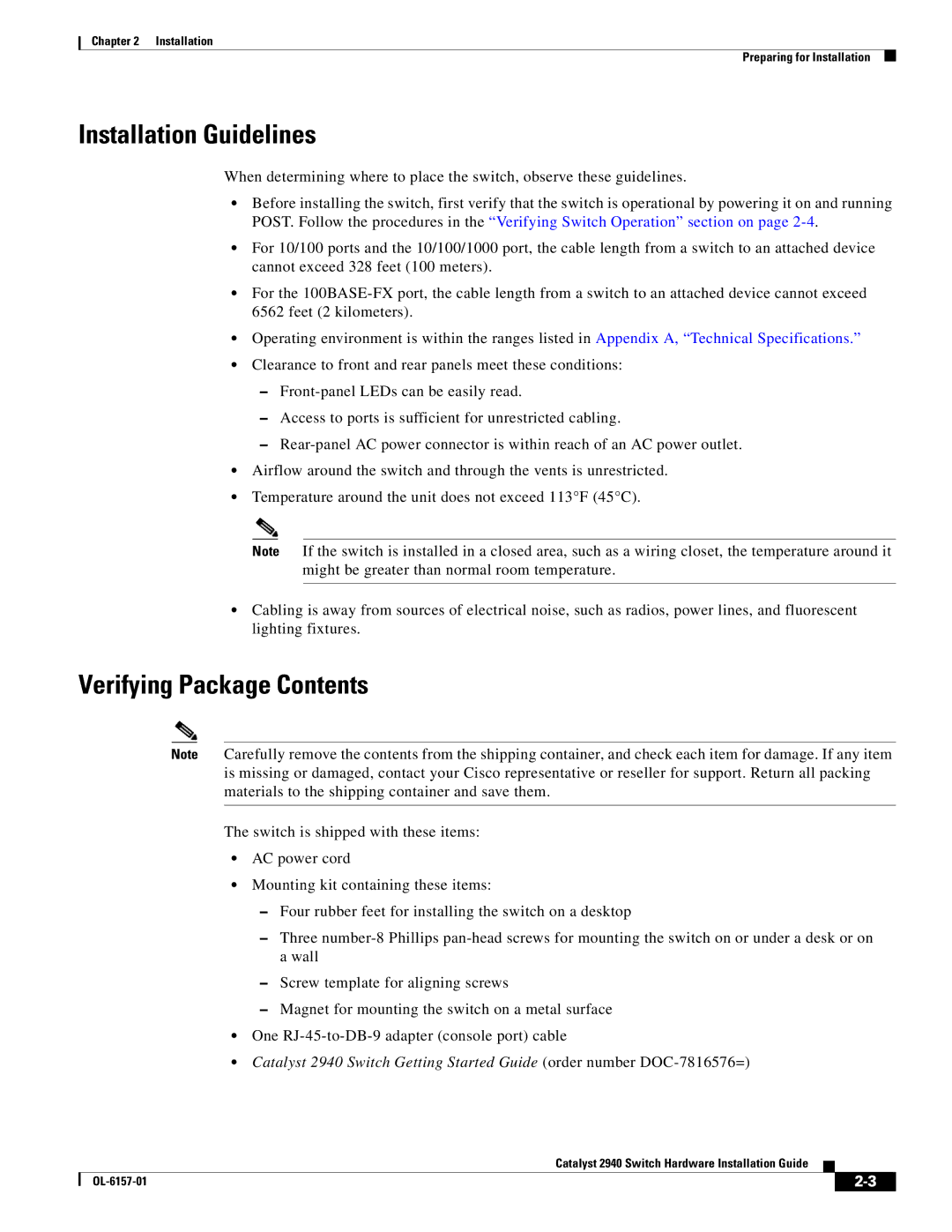 Cisco Systems 2940 manual Installation Guidelines, Verifying Package Contents 