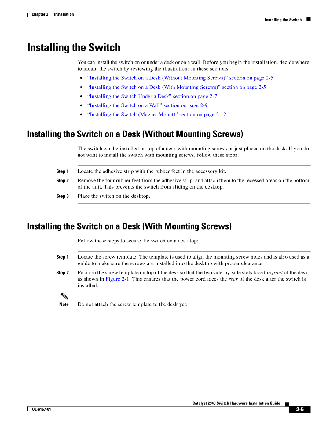 Cisco Systems 2940 manual Installing the Switch on a Desk Without Mounting Screws 