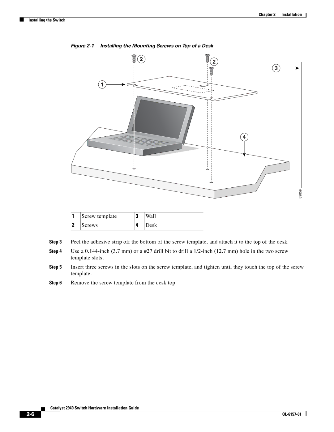 Cisco Systems 2940 manual Installing the Mounting Screws on Top of a Desk 