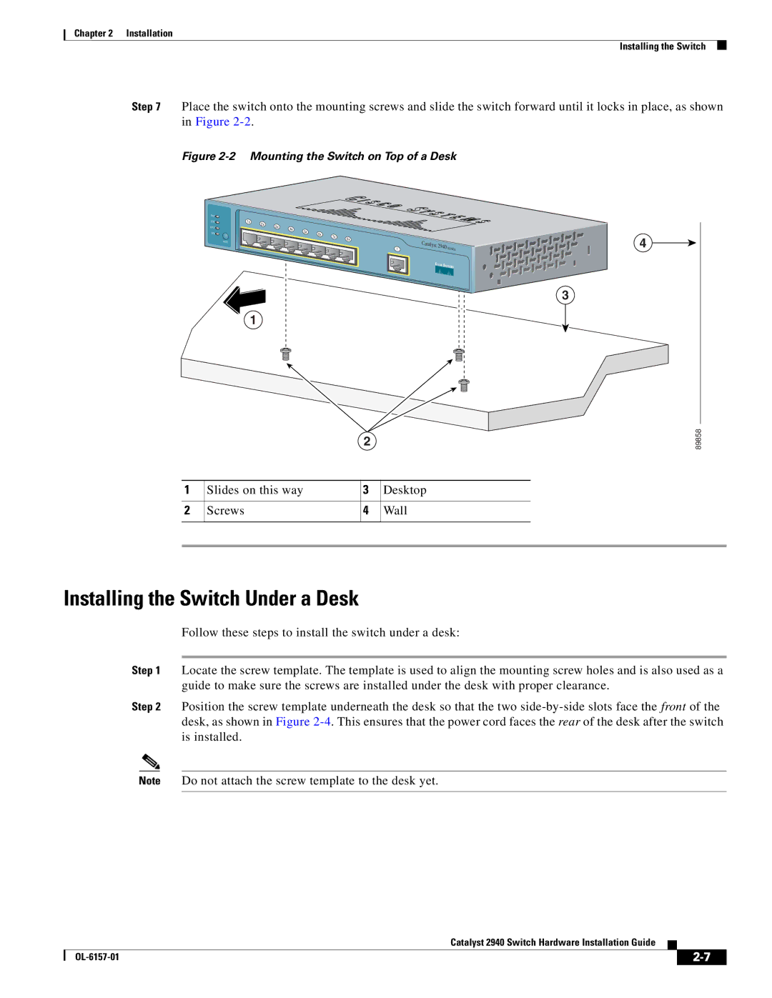 Cisco Systems 2940 manual Installing the Switch Under a Desk, Mounting the Switch on Top of a Desk 