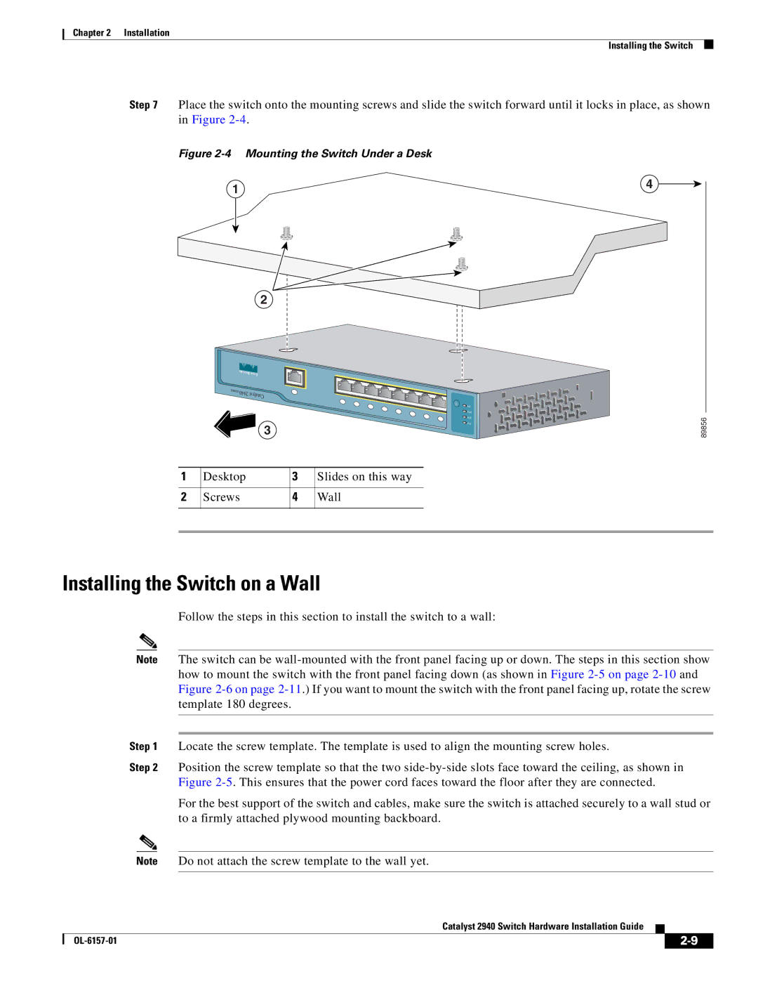 Cisco Systems 2940 manual Installing the Switch on a Wall, Mounting the Switch Under a Desk 