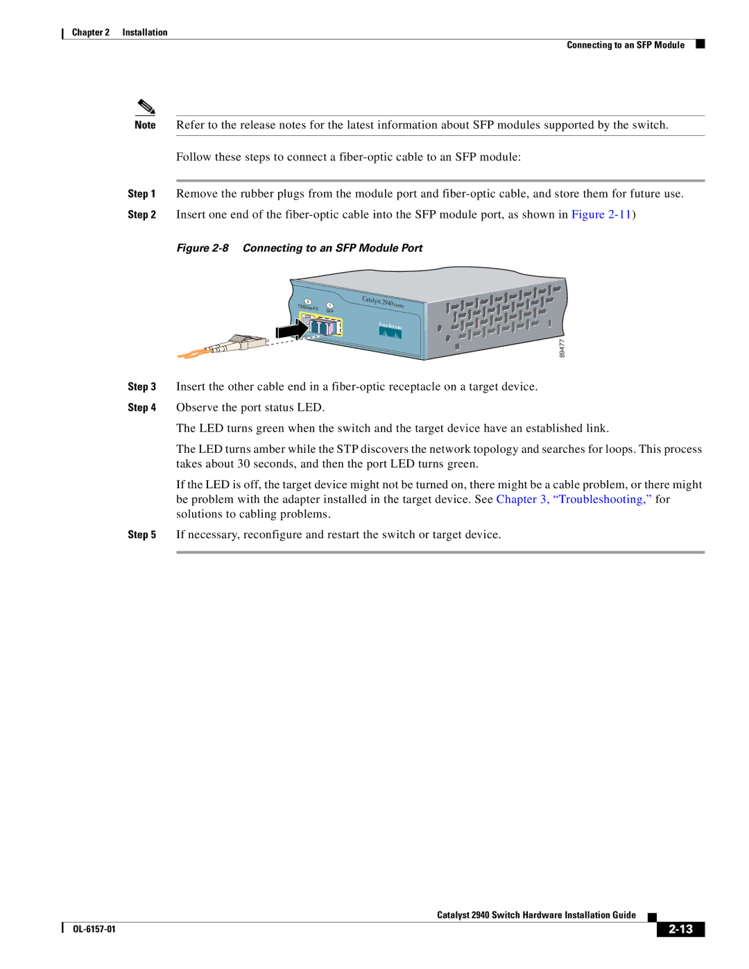 Cisco Systems 2940 manual Connecting to an SFP Module Port 