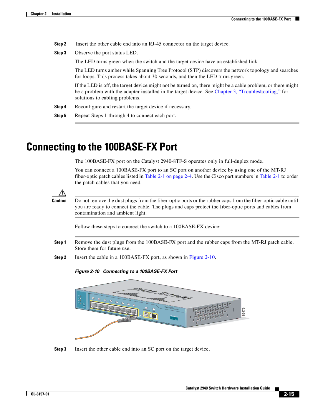 Cisco Systems 2940 manual Connecting to the 100BASE-FX Port, Connecting to a 100BASE-FX Port 