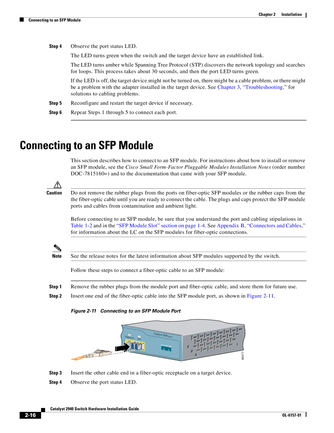 Cisco Systems 2940 manual Connecting to an SFP Module Port 