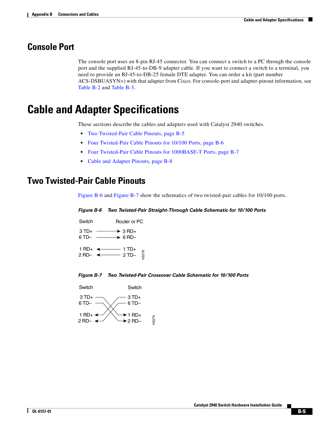 Cisco Systems 2940 manual Cable and Adapter Specifications, Two Twisted-Pair Cable Pinouts 