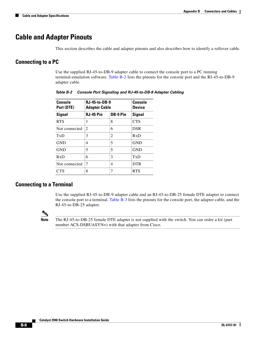 Cisco Systems 2940 manual Cable and Adapter Pinouts, Connecting to a PC 