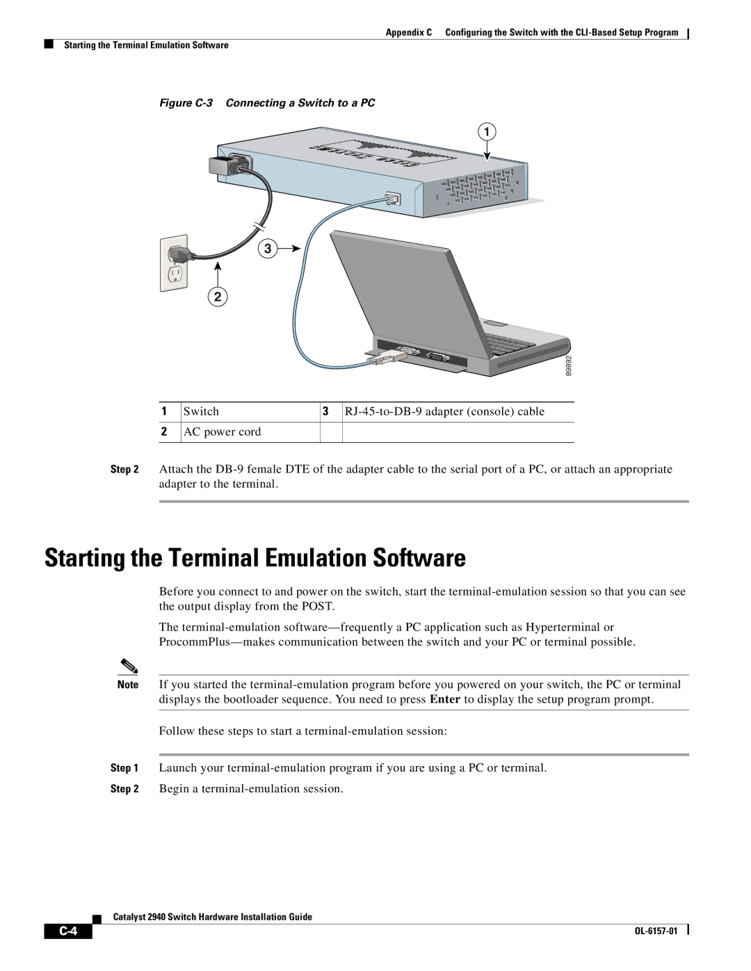 Cisco Systems 2940 manual Starting the Terminal Emulation Software, Figure C-3 Connecting a Switch to a PC 