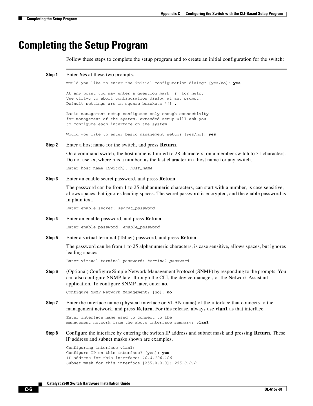 Cisco Systems 2940 manual Completing the Setup Program 