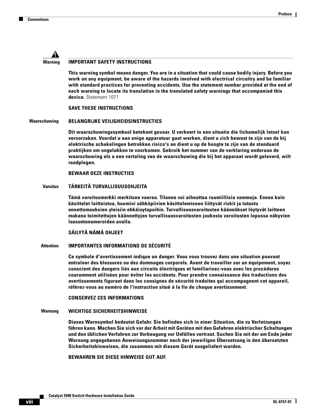 Cisco Systems 2940 manual Bewaar Deze Instructies, Warnung Wichtige Sicherheitshinweise 