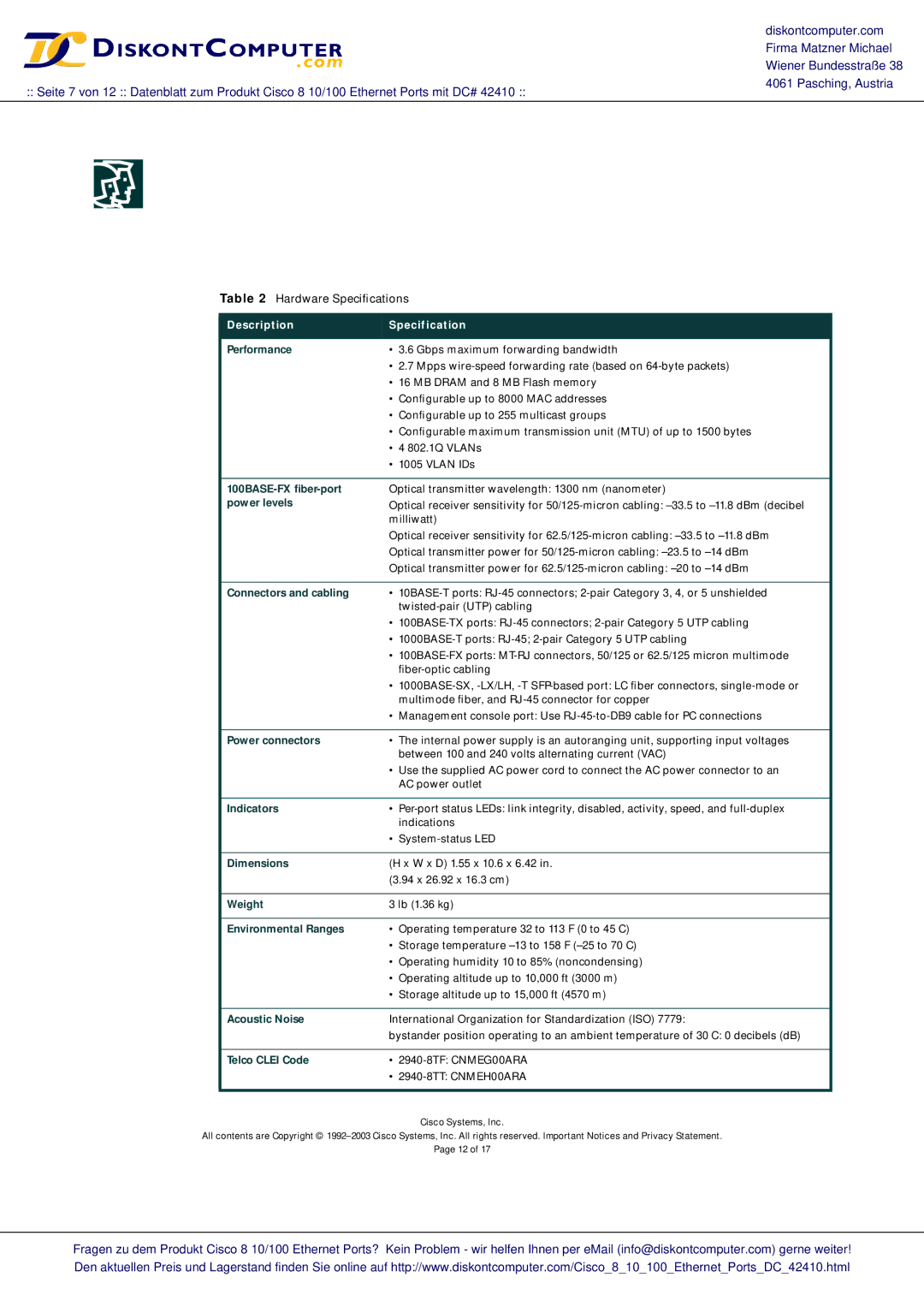 Cisco Systems 2940 warranty Hardware Speciﬁcations, Description Specification 