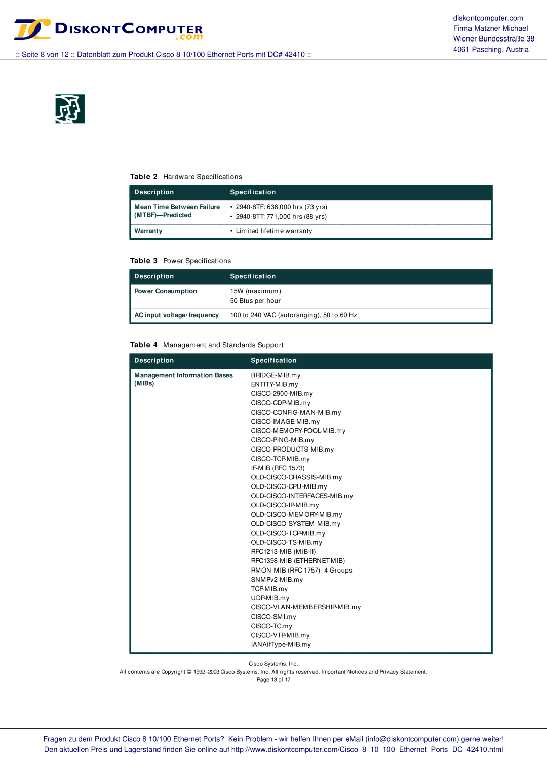 Cisco Systems 2940 warranty Power Speciﬁcations, Management and Standards Support 