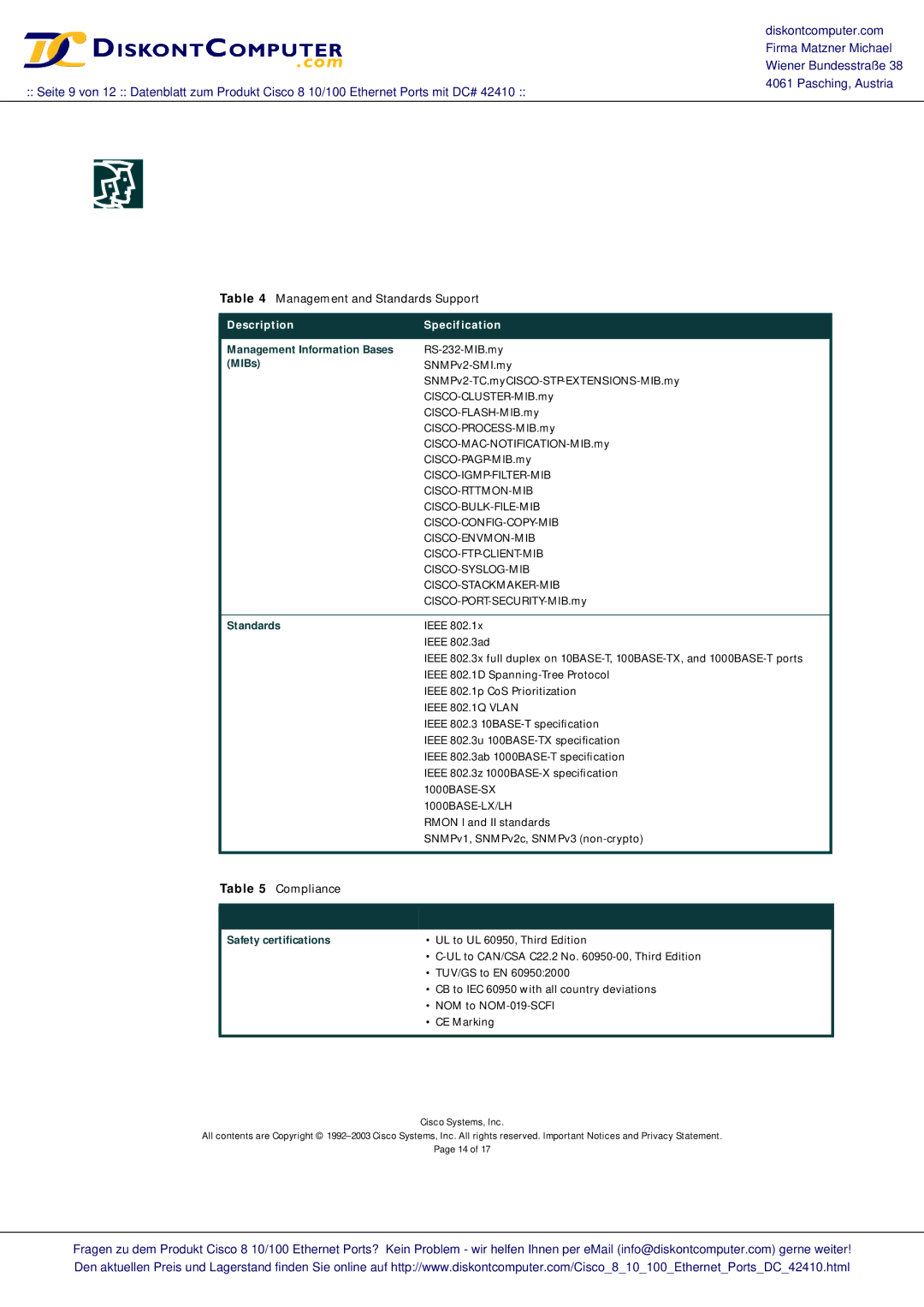 Cisco Systems 2940 warranty Compliance, Standards, Safety certiﬁcations 