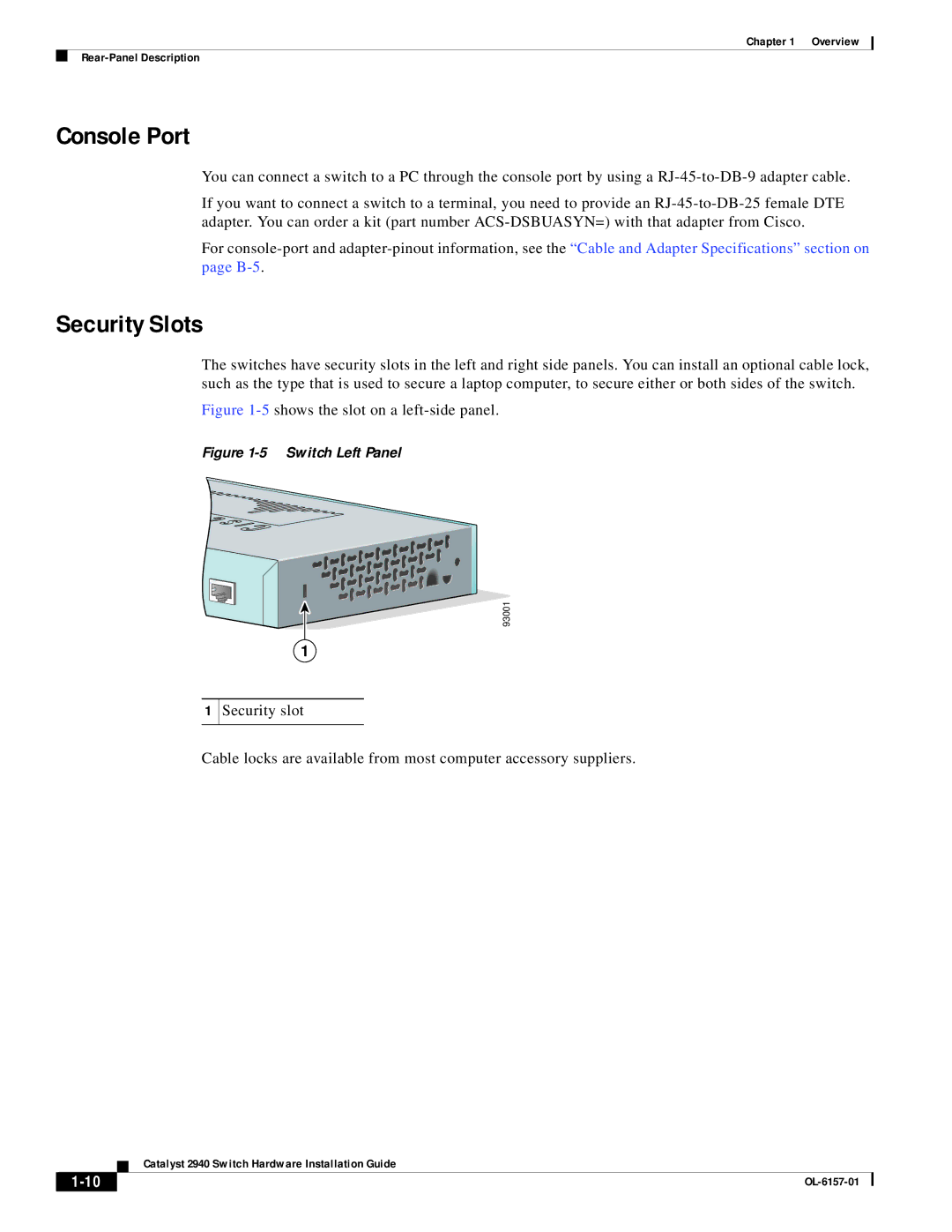 Cisco Systems 2940 appendix Console Port, Security Slots 