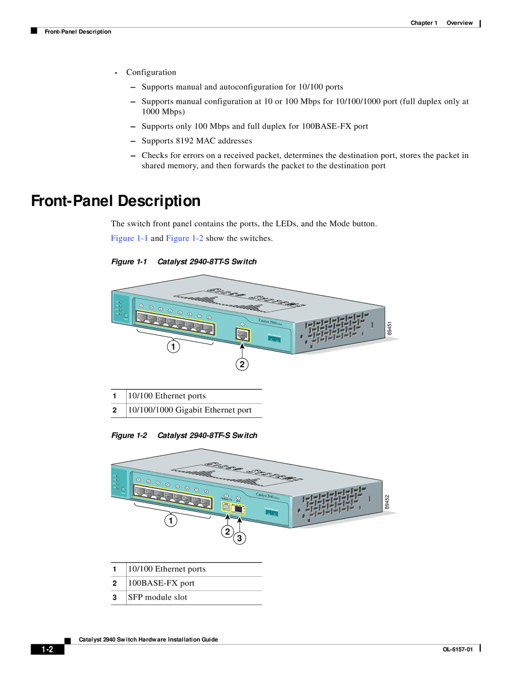 Cisco Systems 2940 appendix Front-Panel Description, 10/100 Ethernet ports 100BASE-FX port SFP module slot 