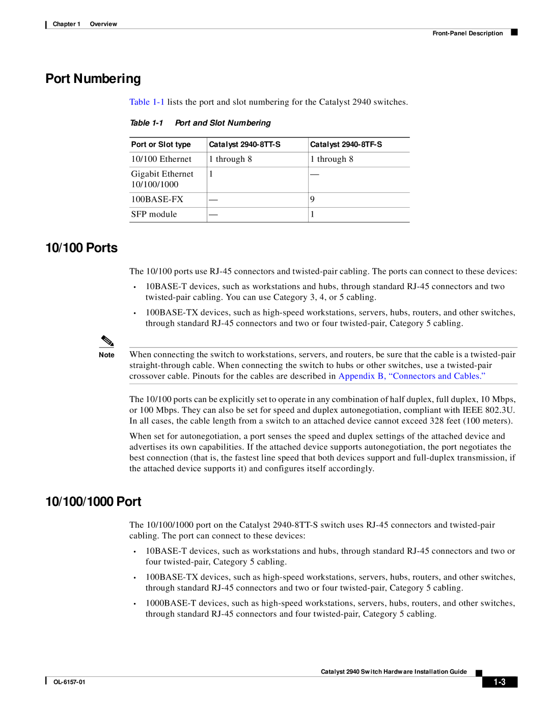 Cisco Systems 2940 appendix Port Numbering, 10/100 Ports, 10/100/1000 Port, 100BASE-FX 