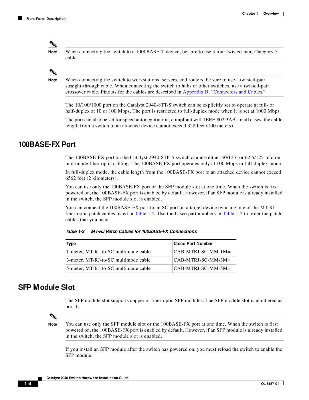 Cisco Systems 2940 appendix 100BASE-FX Port, SFP Module Slot, Type Cisco Part Number 