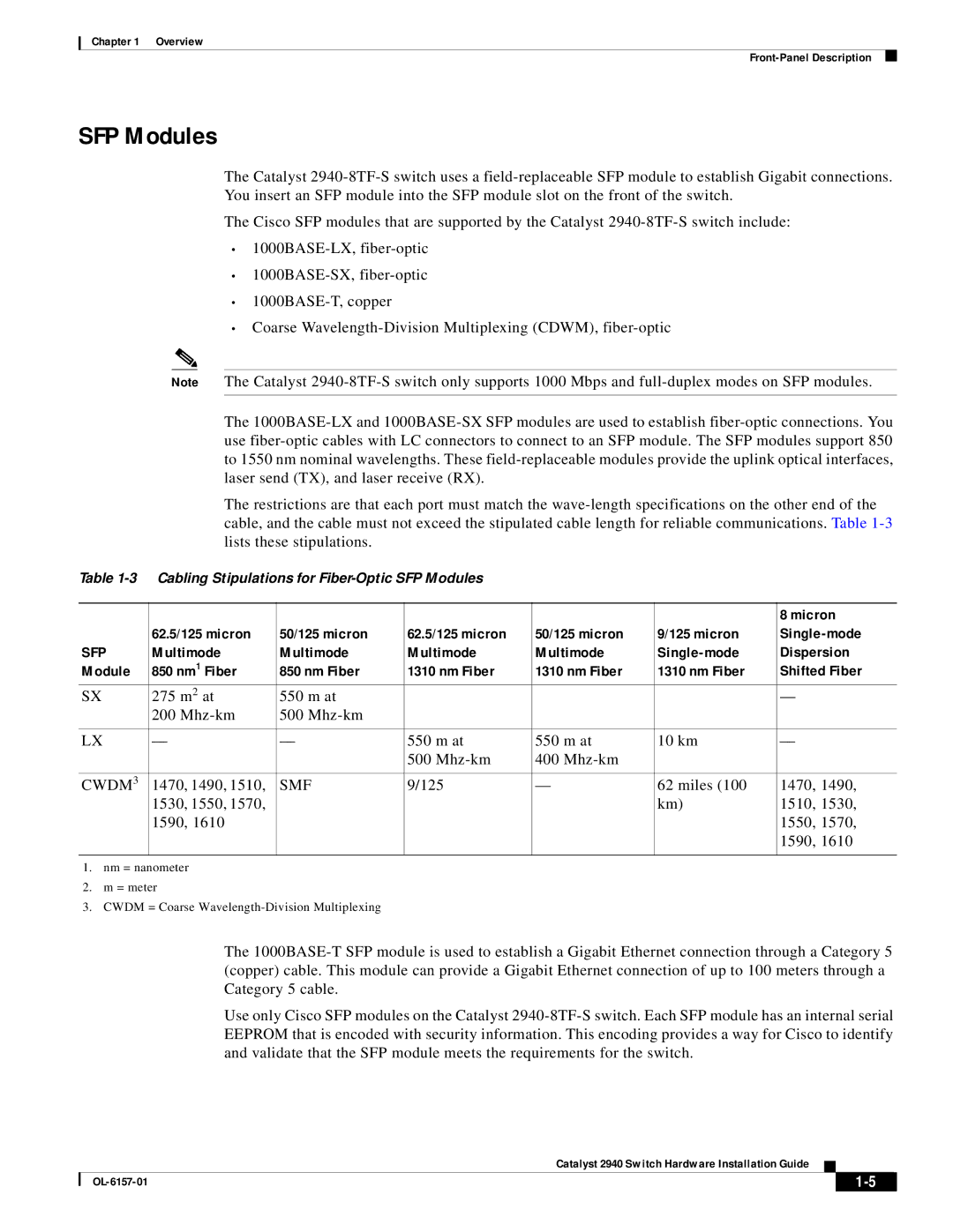 Cisco Systems 2940 appendix SFP Modules, 62.5/125 micron 50/125 micron Micron Single-mode, CWDM3, Smf 