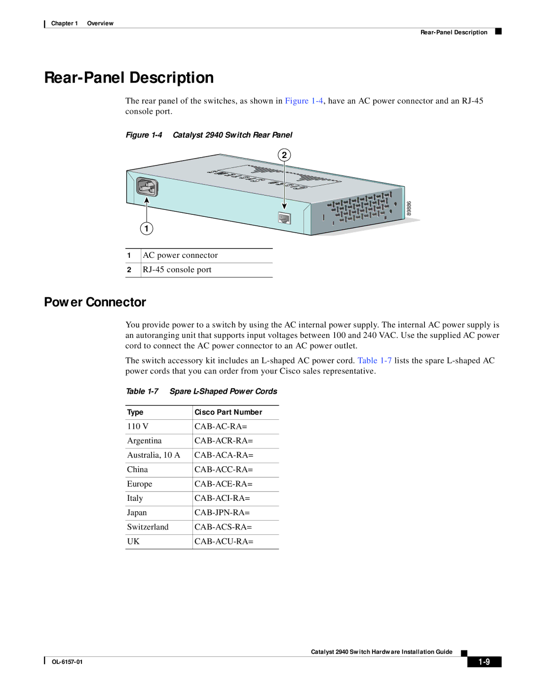 Cisco Systems 2940 appendix Rear-Panel Description, Power Connector 