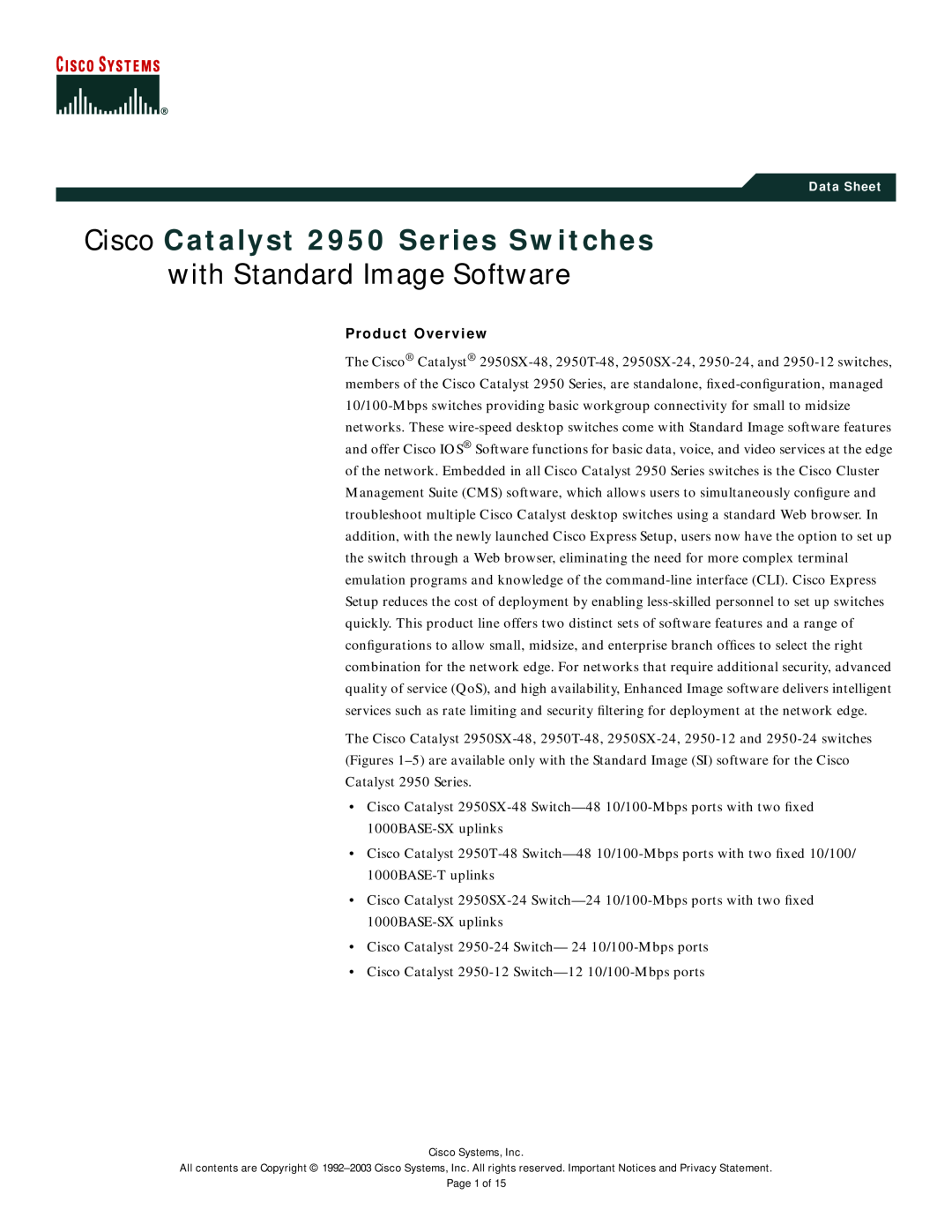 Cisco Systems 2950SX-24 manual Product Overview, Cisco Catalyst 2950 Series Switches, with Standard Image Software 