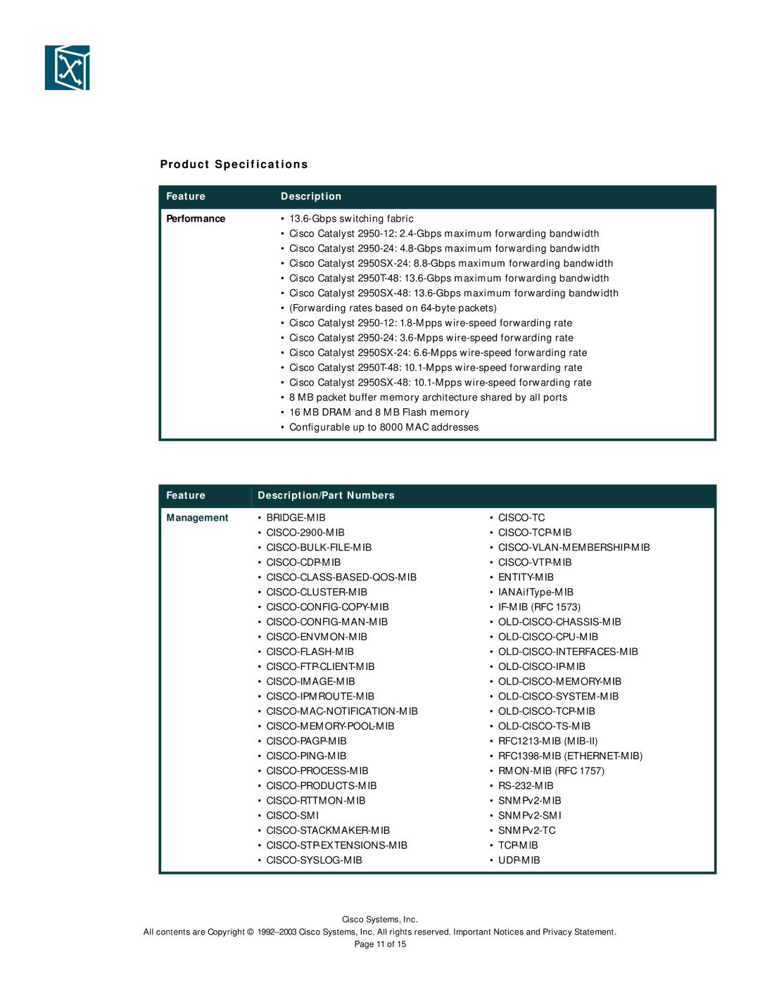 Cisco Systems 2950SX-24, 2950SX-48, 2950-24 manual Product Specifications, Performance, Feature Description/Part Numbers 