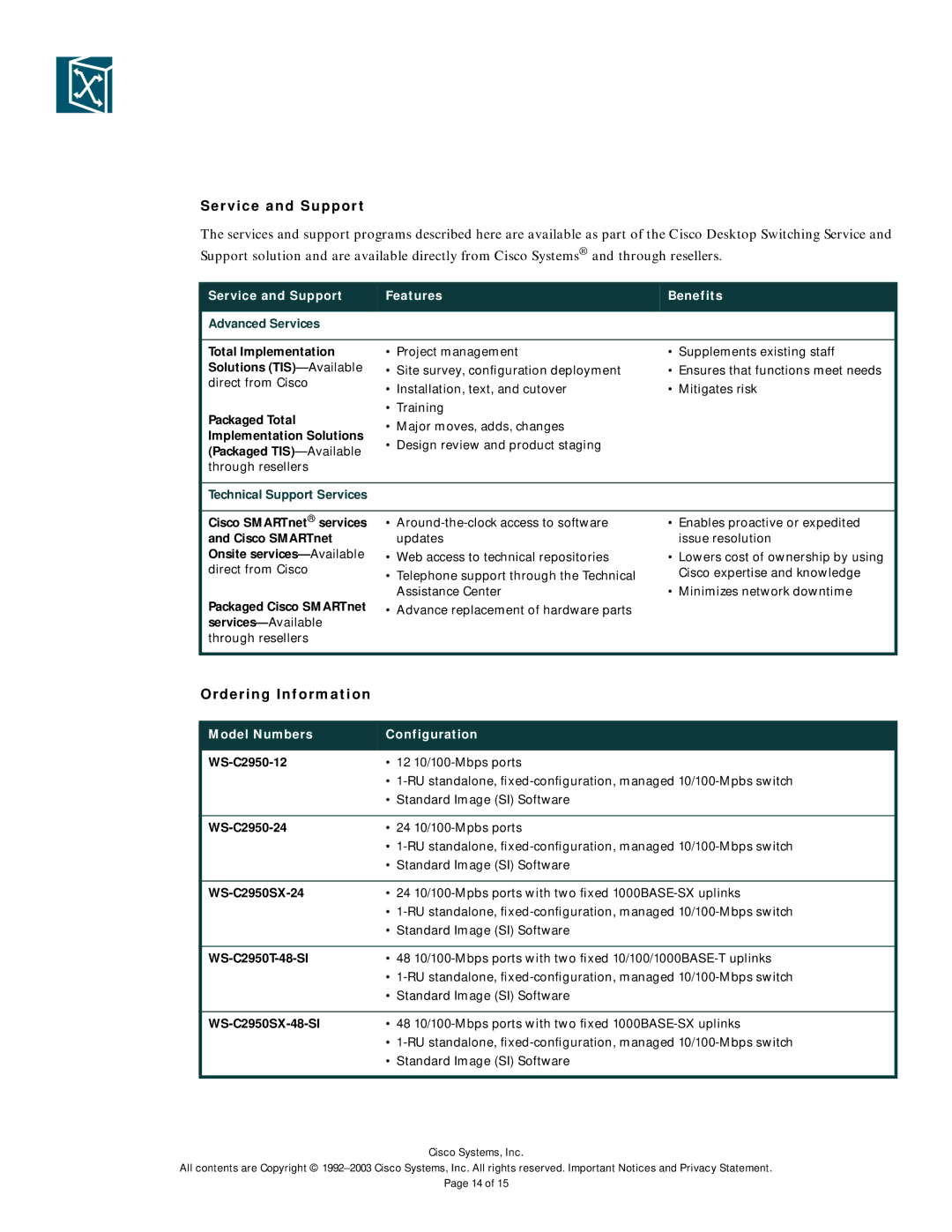 Cisco Systems 2950-12 manual Ordering Information, Service and Support Features Benefits, Model Numbers Configuration 