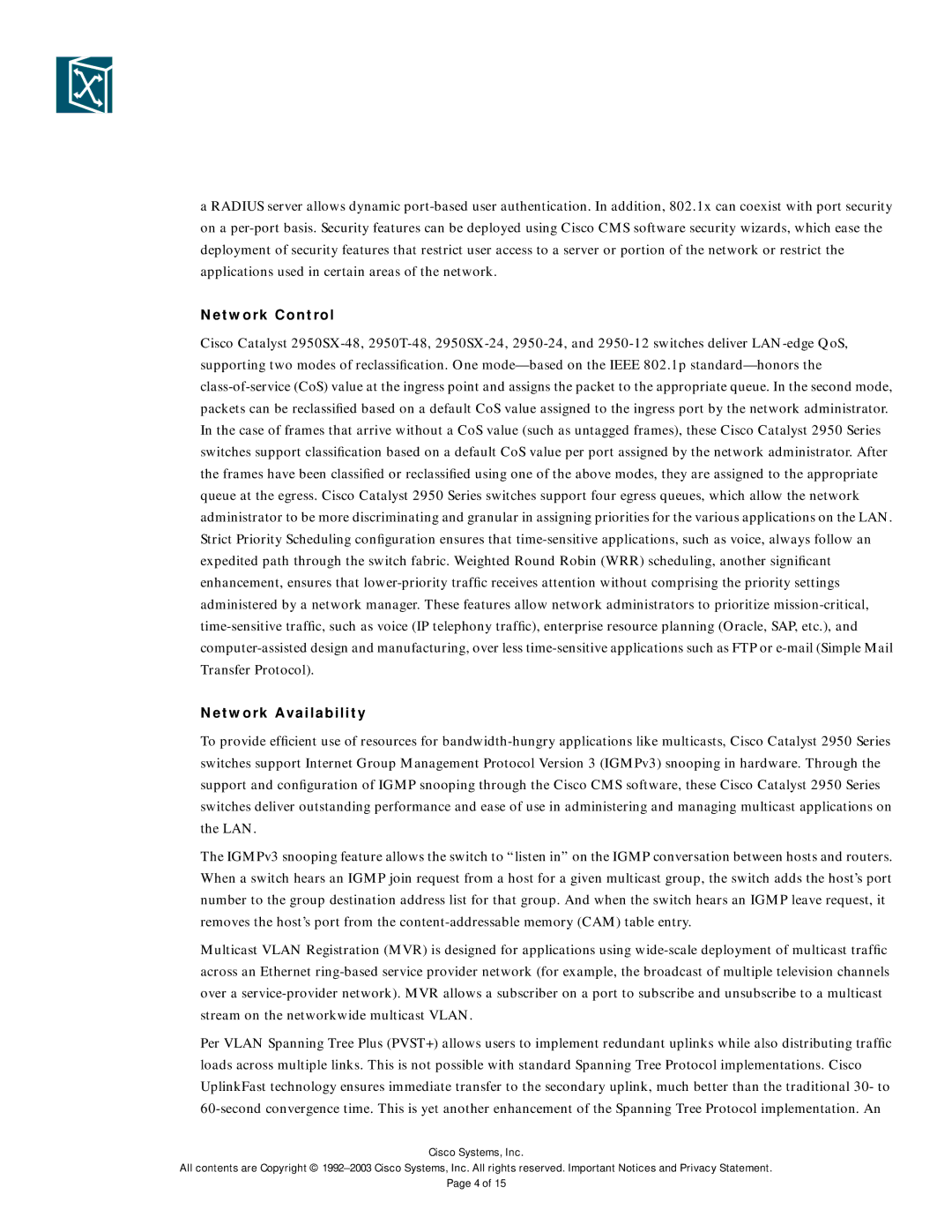Cisco Systems 2950-12, 2950SX-48, 2950SX-24, 2950-24, 2950T-48 manual Network Control, Network Availability 