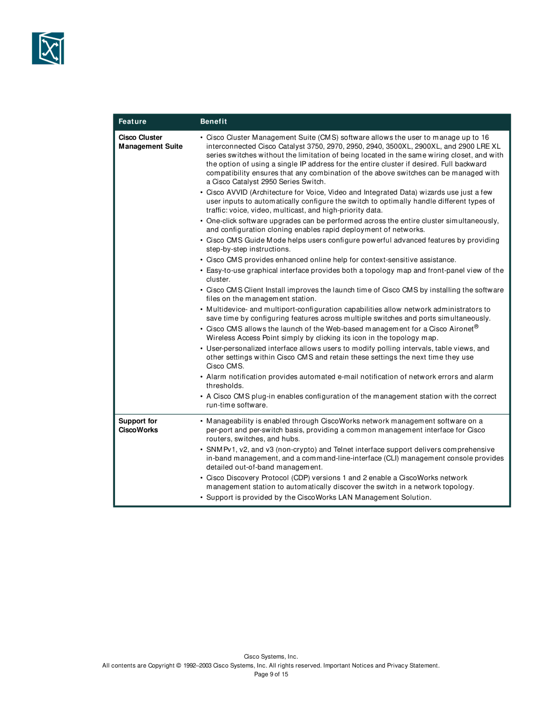 Cisco Systems 2950-12, 2950SX-48, 2950SX-24, 2950-24, 2950T-48 manual Cisco Cluster, Management Suite, Support for, CiscoWorks 