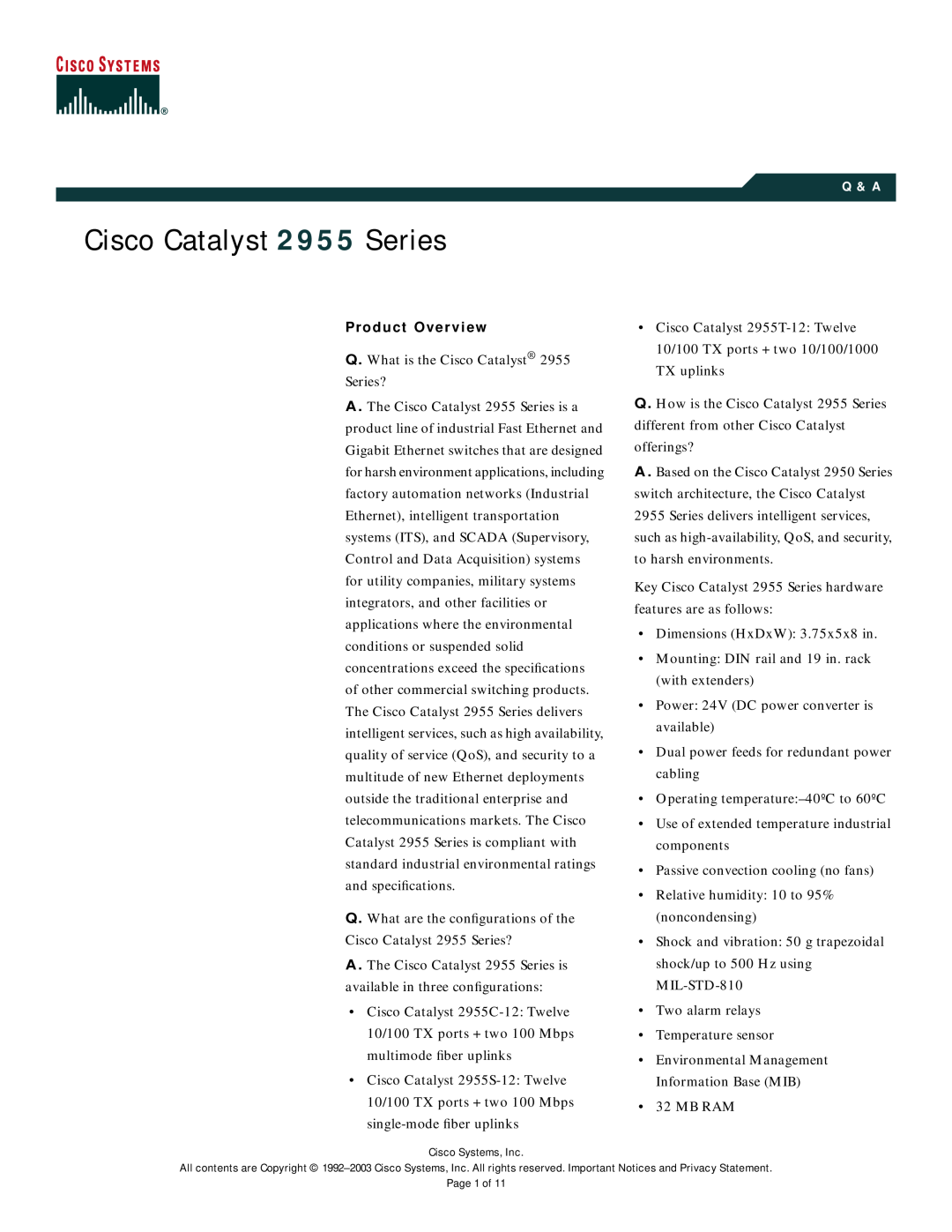 Cisco Systems specifications Product Overview, Cisco Catalyst 2955 Series 