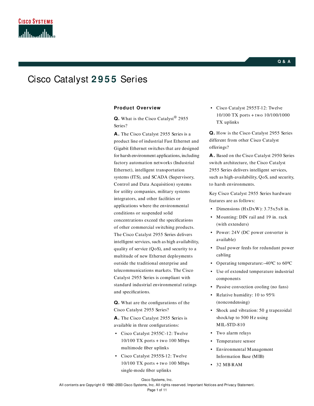 Cisco Systems specifications Cisco Catalyst 2955 Series, Product Overview 