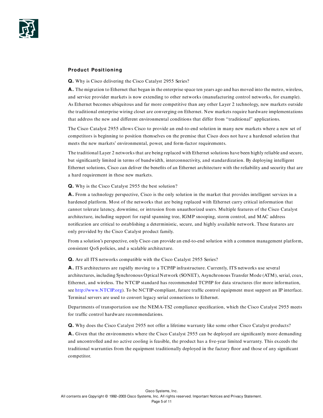 Cisco Systems 2955 specifications Product Positioning 