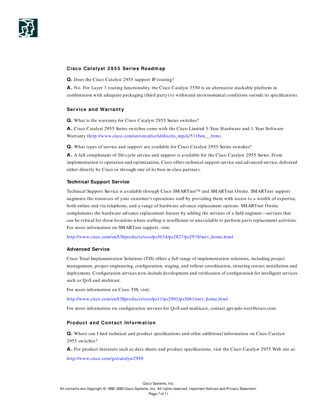 Cisco Systems Cisco Catalyst 2955 Series Roadmap, Service and Warranty, Technical Support Service, Advanced Service 