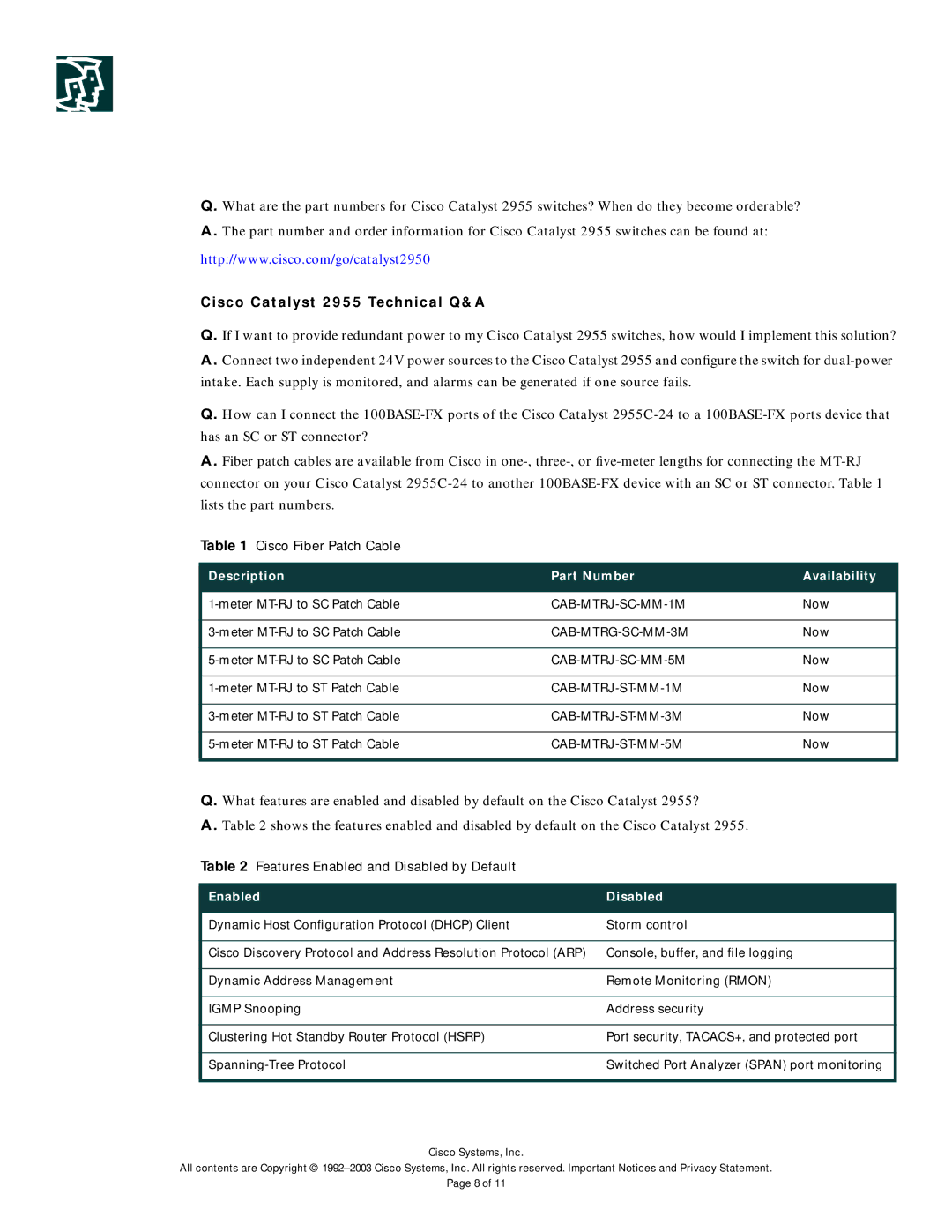 Cisco Systems specifications Cisco Catalyst 2955 Technical Q&A, Description Part Number Availability 