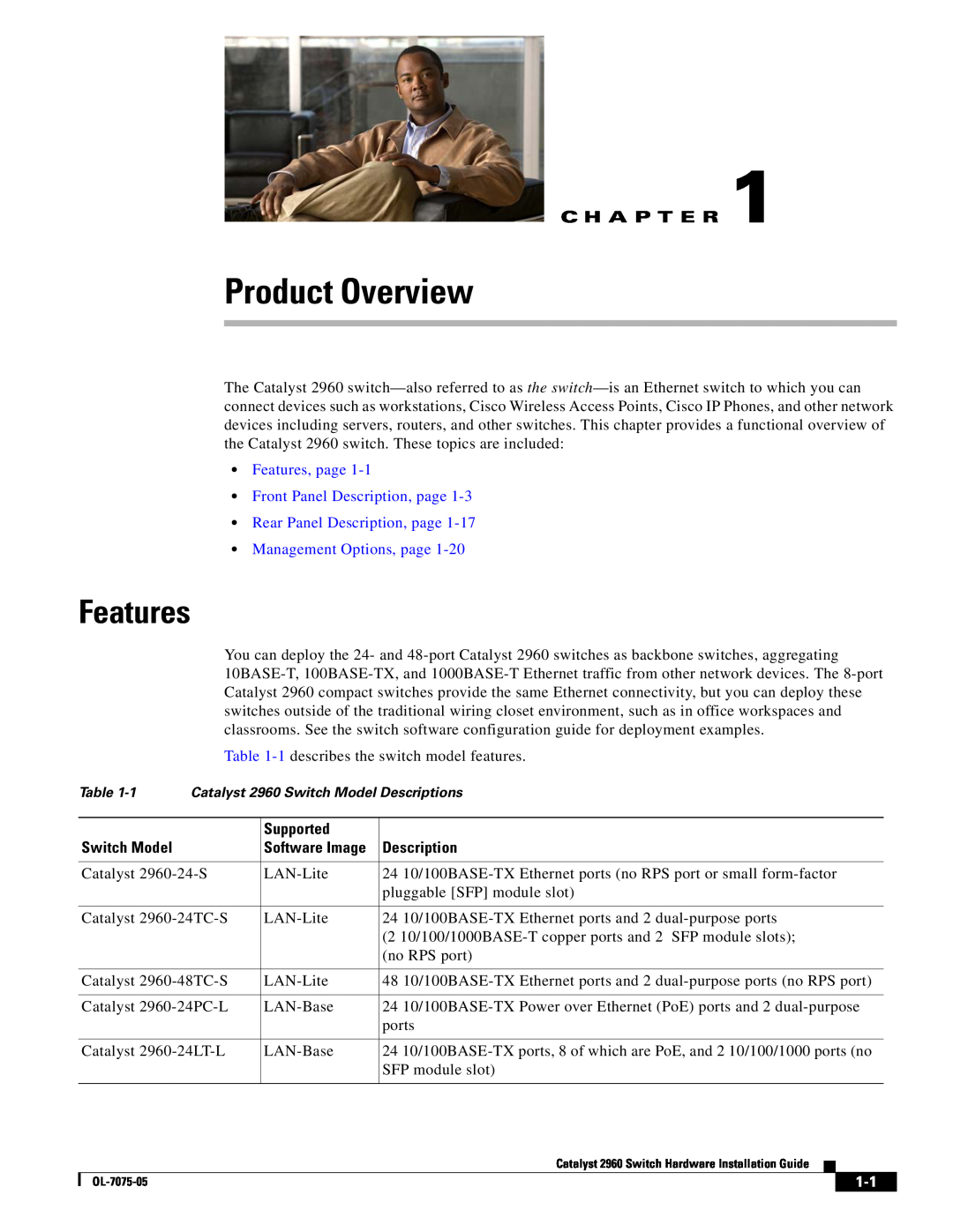 Cisco Systems 2960 Product Overview, C H A P T E R, Features, page Front Panel Description, page, Supported 