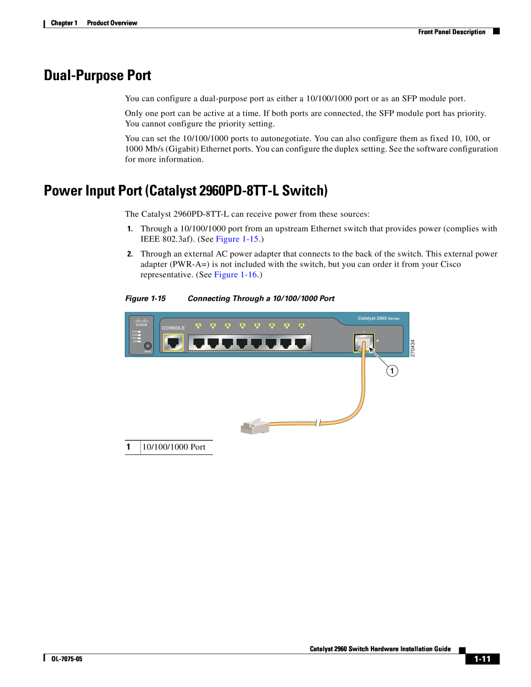 Cisco Systems specifications Dual-Purpose Port, Power Input Port Catalyst 2960PD-8TT-L Switch, 1-11 