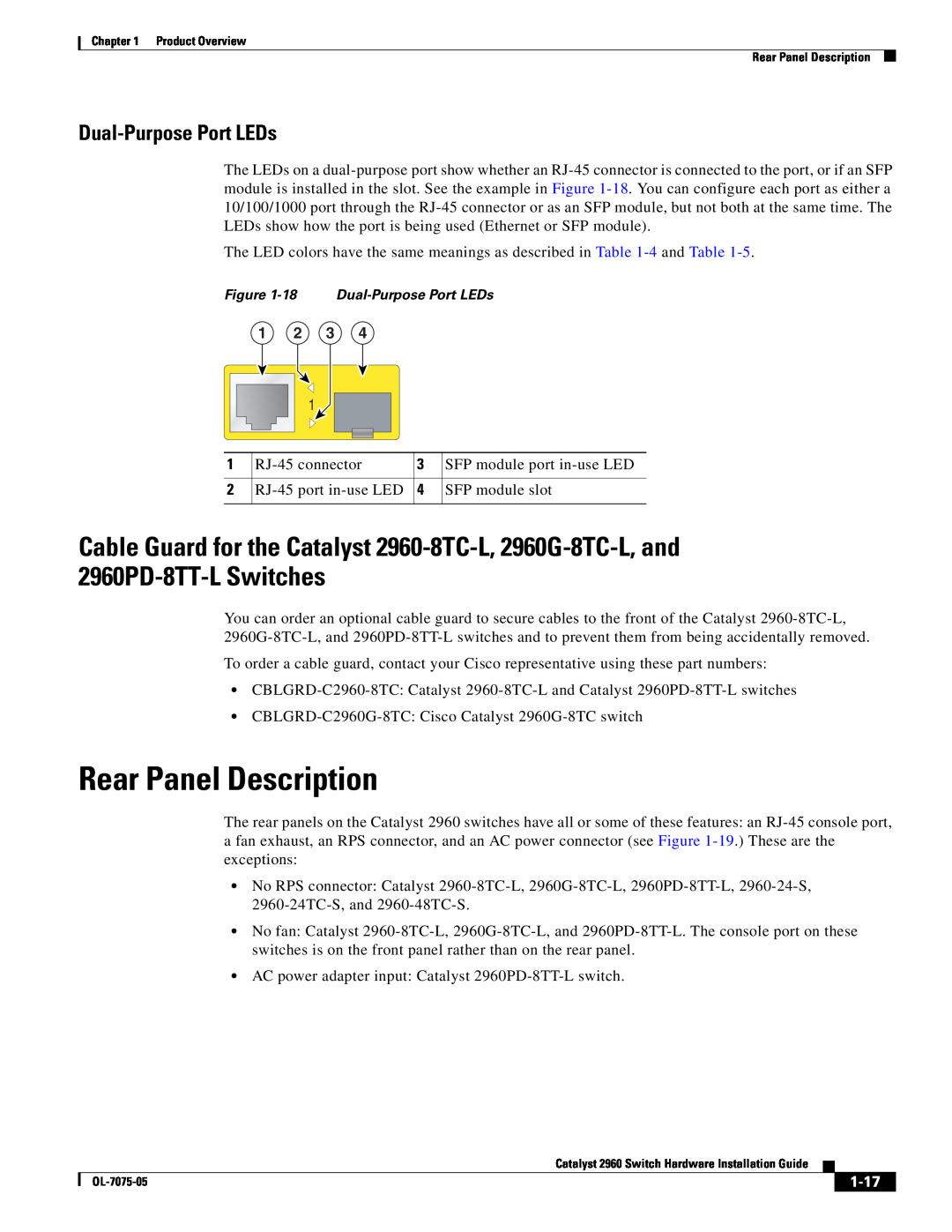 Cisco Systems 2960 specifications Rear Panel Description, Dual-Purpose Port LEDs, 1-17 