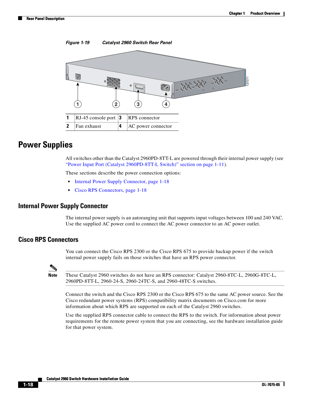 Cisco Systems 2960 specifications Power Supplies, Internal Power Supply Connector, Cisco RPS Connectors, 1-18 