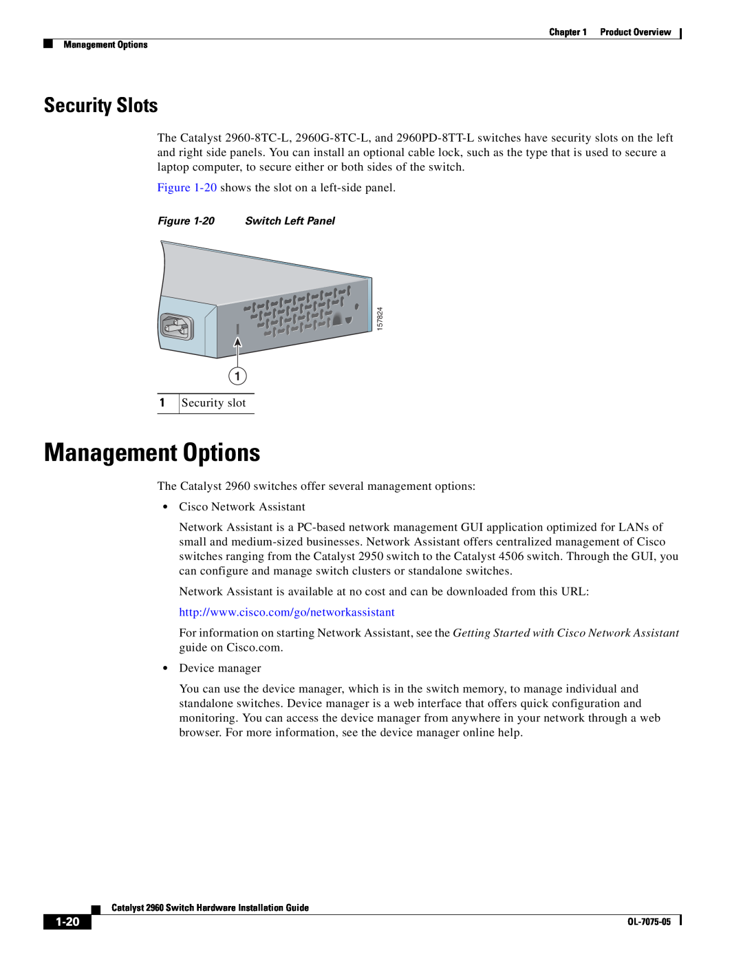 Cisco Systems 2960 specifications Management Options, Security Slots, 1-20 