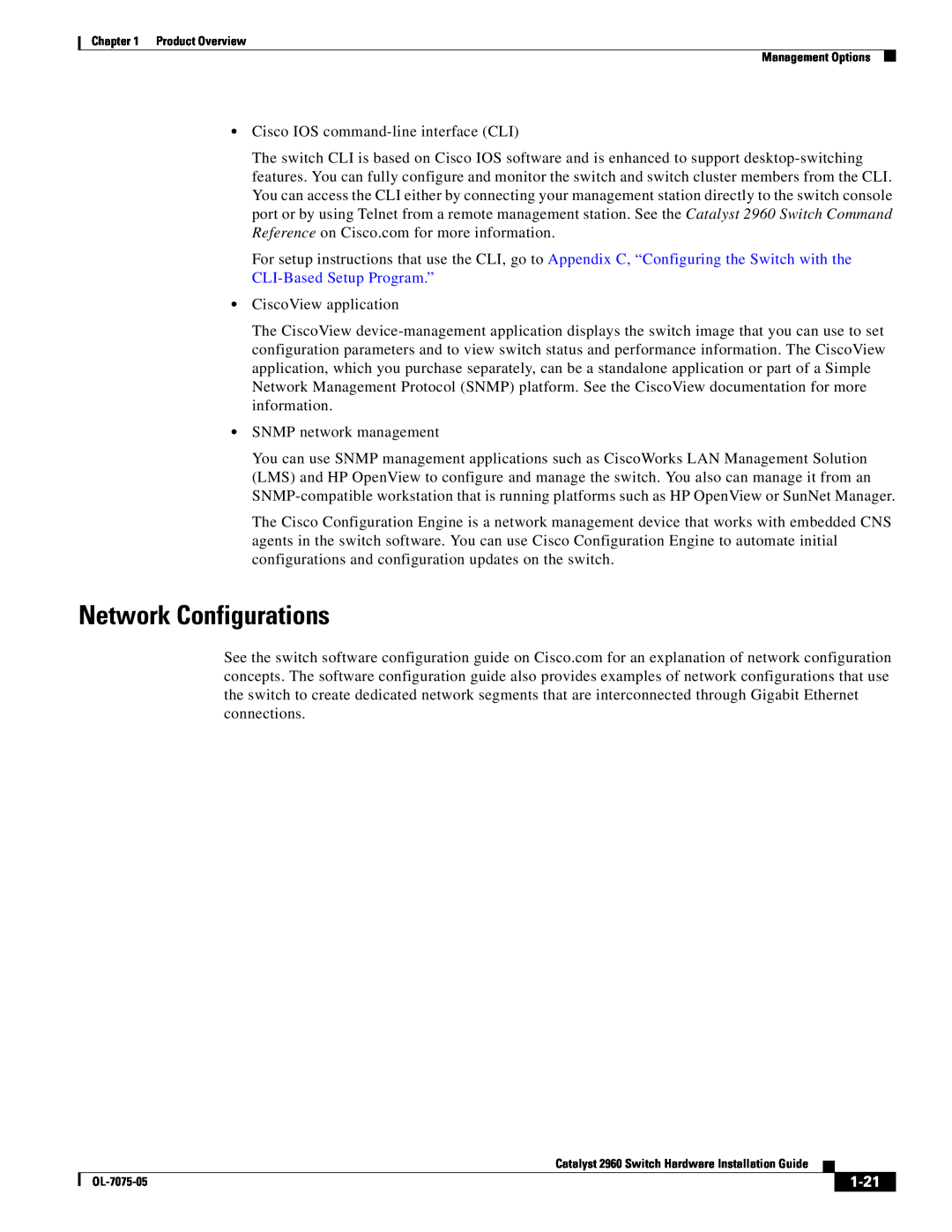 Cisco Systems 2960 specifications Network Configurations, 1-21 