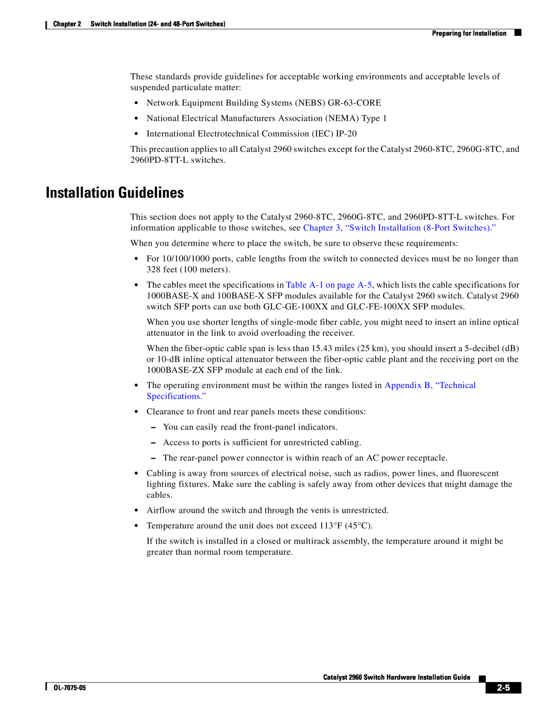 Cisco Systems 2960 specifications Installation Guidelines 