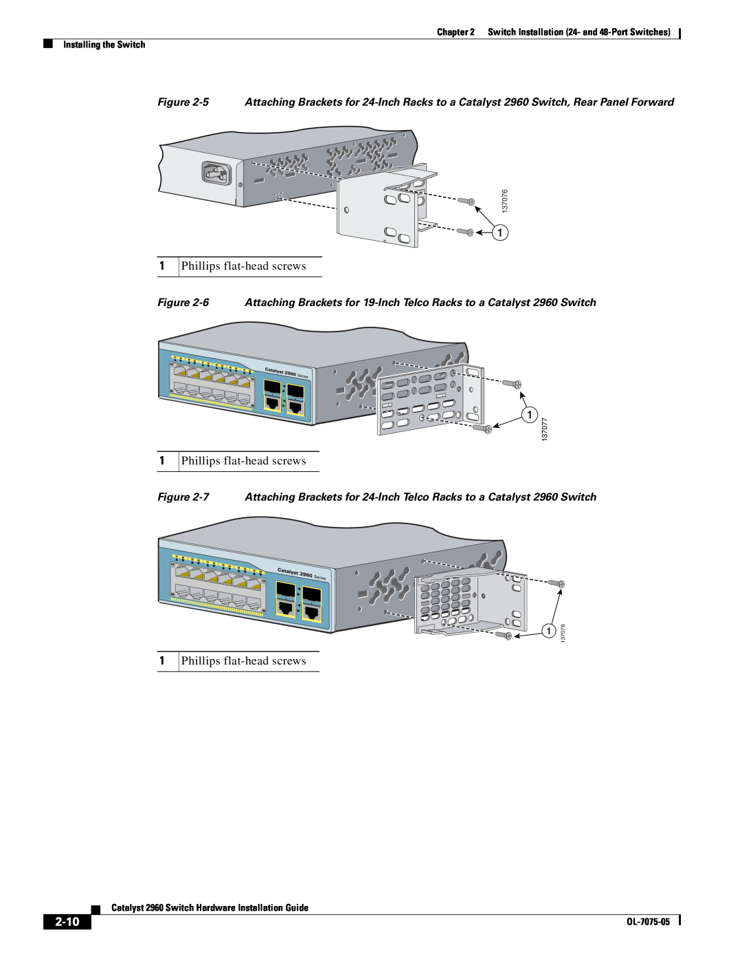 Cisco Systems specifications 2-10, 5 Attaching Brackets for 24-Inch Racks to a Catalyst 2960 Switch, Rear Panel Forward 