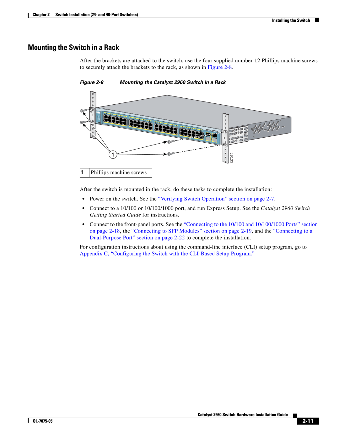 Cisco Systems 2960 specifications Mounting the Switch in a Rack, 2-11 