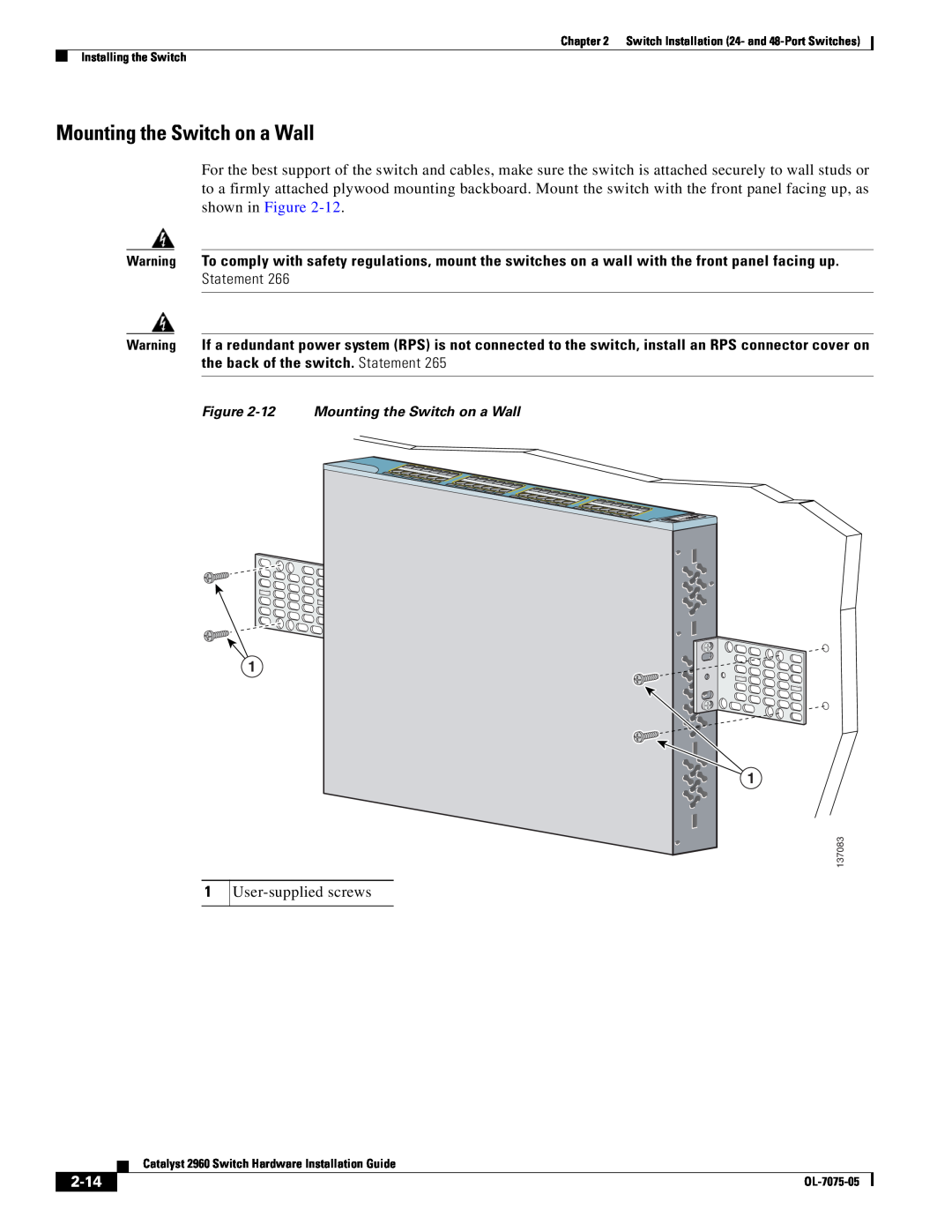 Cisco Systems 2960 specifications Mounting the Switch on a Wall, 2-14 