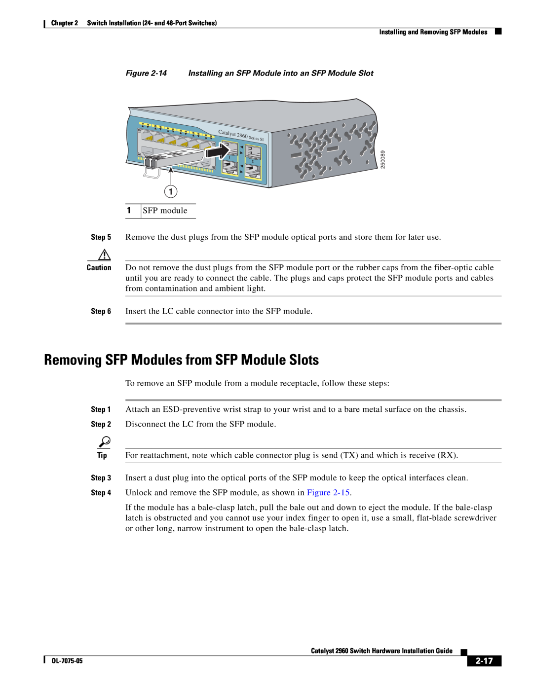 Cisco Systems 2960 specifications Removing SFP Modules from SFP Module Slots, 2-17 