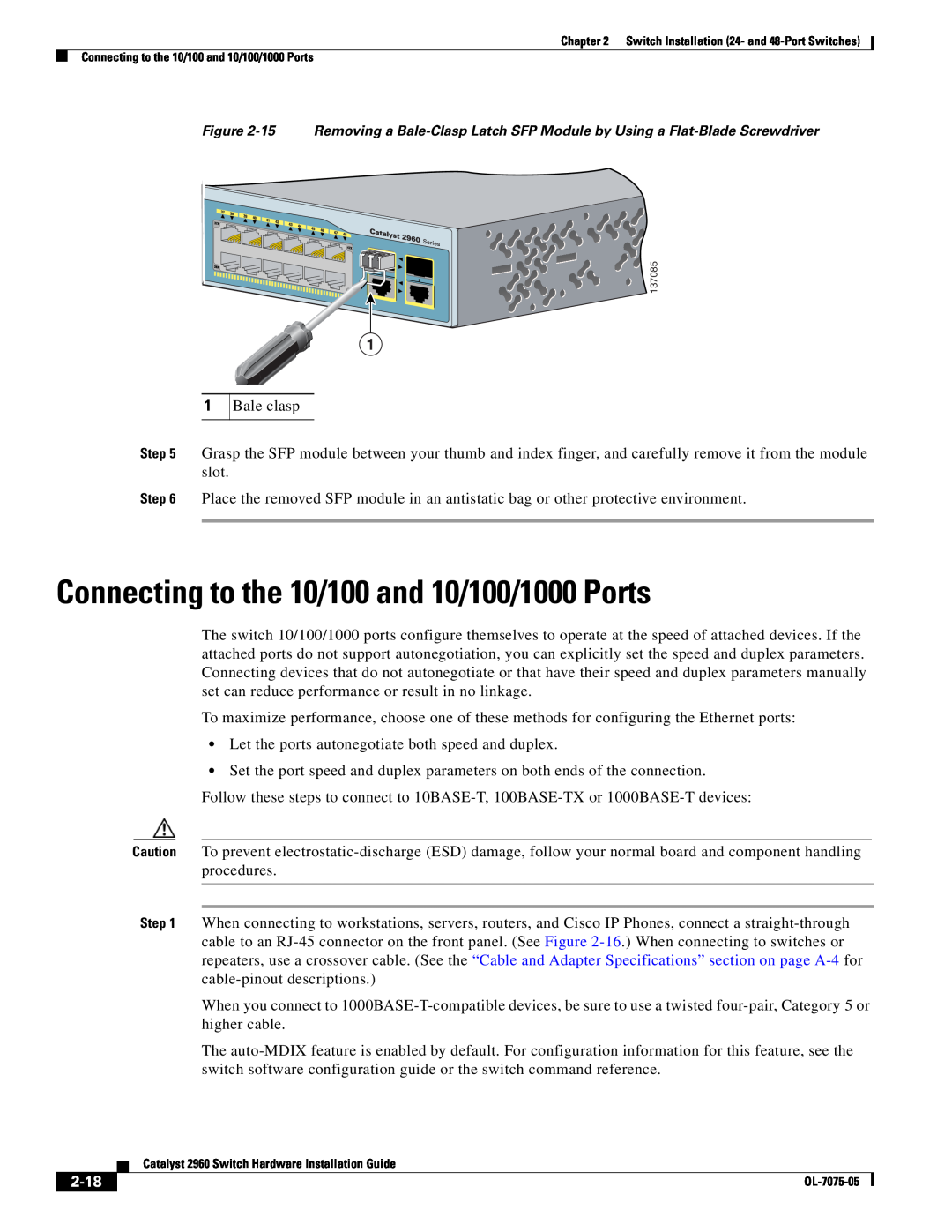 Cisco Systems 2960 specifications Connecting to the 10/100 and 10/100/1000 Ports, 2-18 