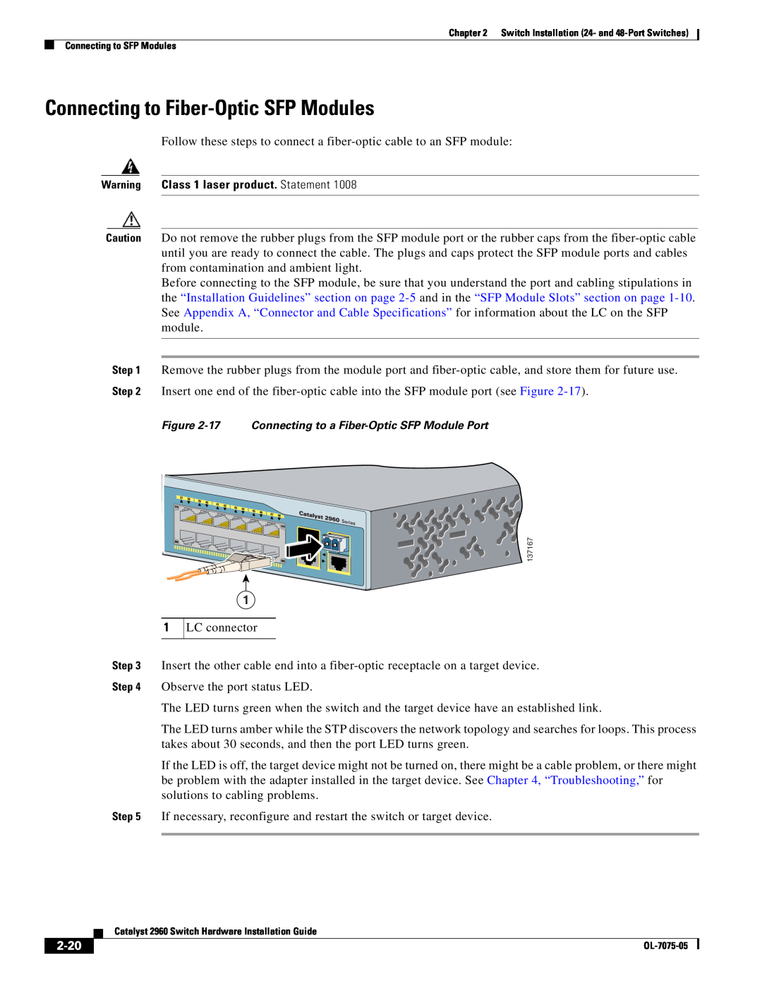 Cisco Systems 2960 specifications Connecting to Fiber-Optic SFP Modules, 2-20, Warning Class 1 laser product. Statement 