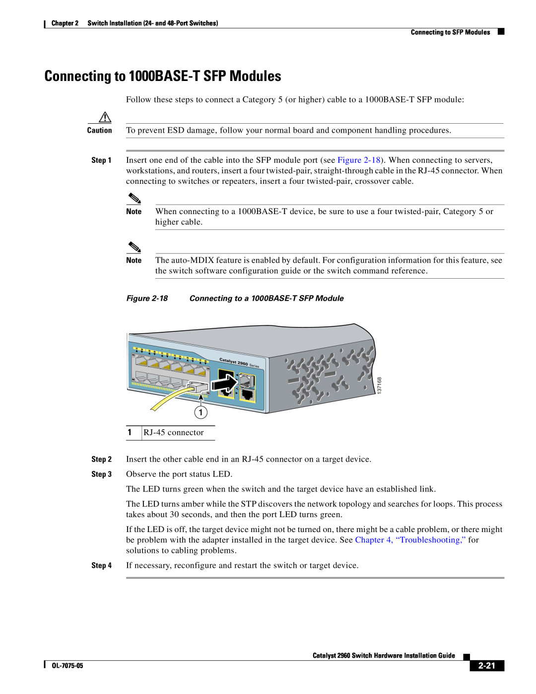 Cisco Systems 2960 specifications Connecting to 1000BASE-T SFP Modules, 2-21, 18 Connecting to a 1000BASE-T SFP Module 